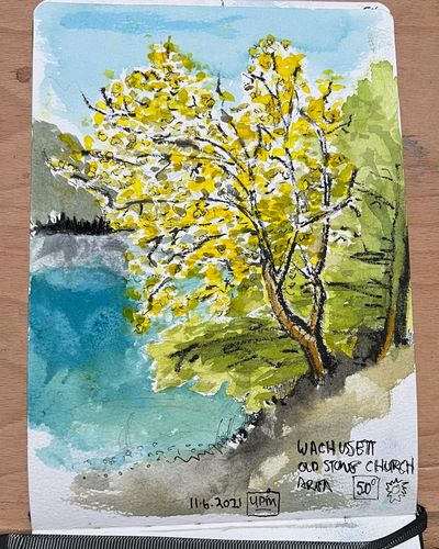Fall colors @ the Old Stone Church on the #Wachussett Reservoir #urbansketch #pleinair