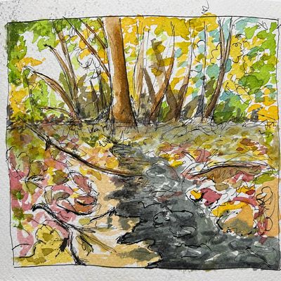 Fall scene near the old stone church at Wachusett Reservoir